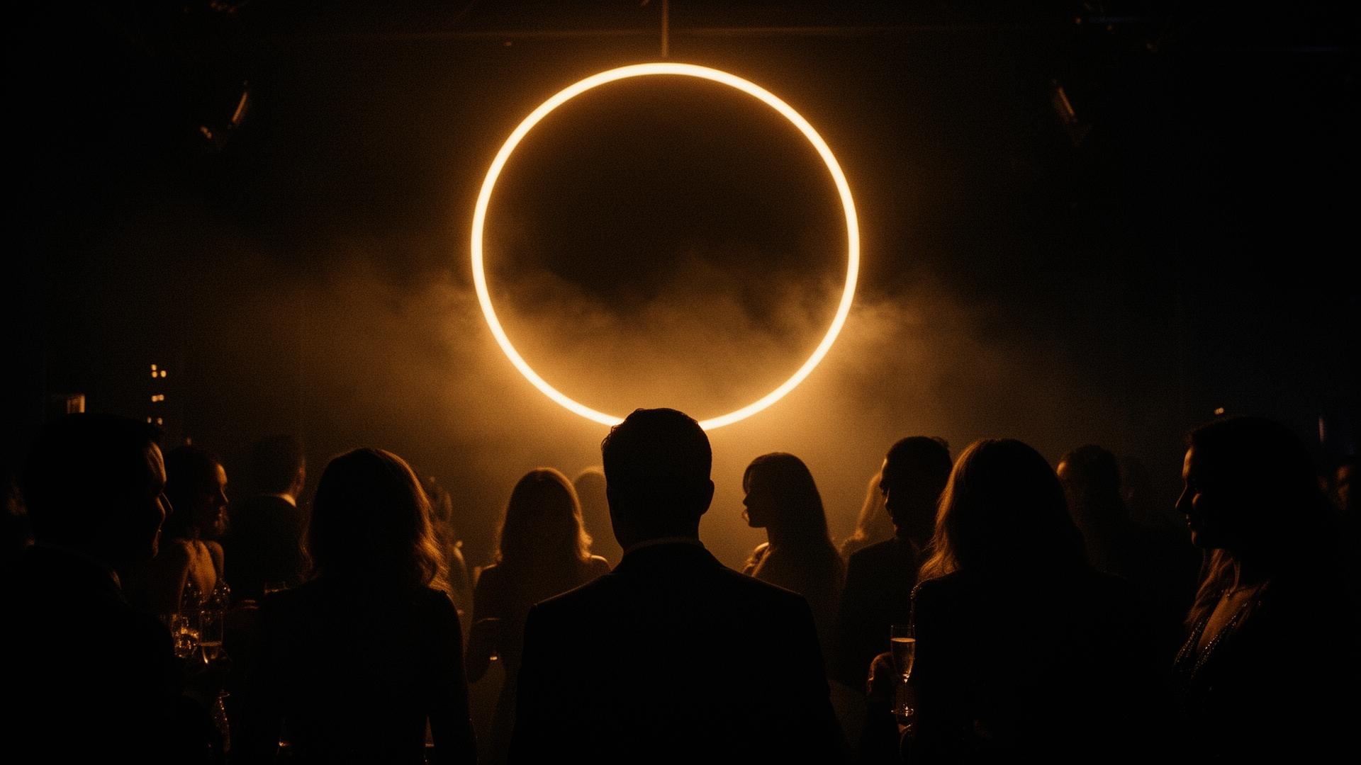 Amber halo over a crowd in a private room