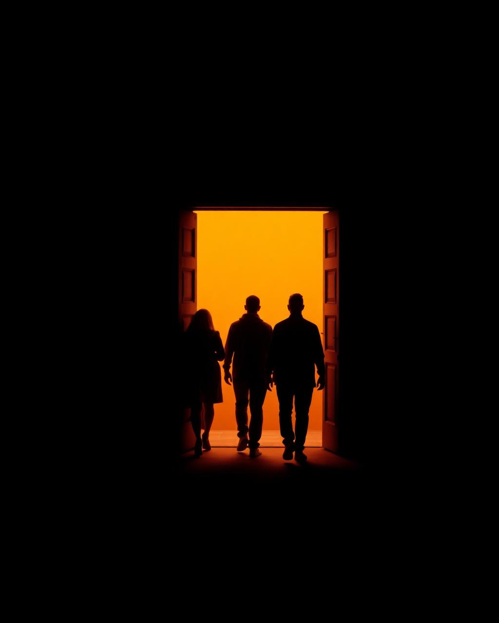 Silhouettes entering a glowing doorway